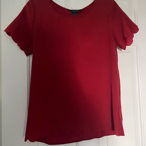French Connection Tops - French Connection Deep Red Scallop-Edge Short Sleeve Top
